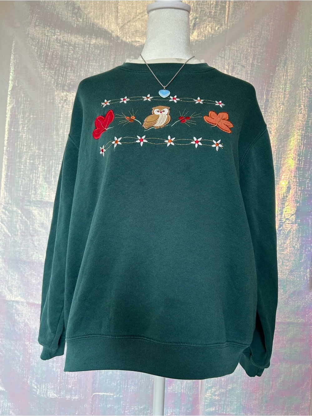 Classic Elements Dark Green Crewneck Sweatshirt with Embroidered Owl & Florals.